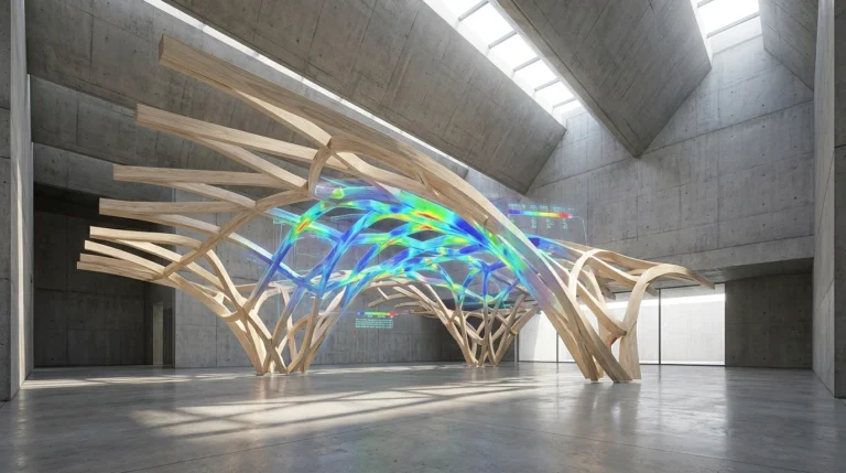A high-tech digital simulation showing mathematical trajectories, gravity wells, and neural data points interacting in a 3D space.