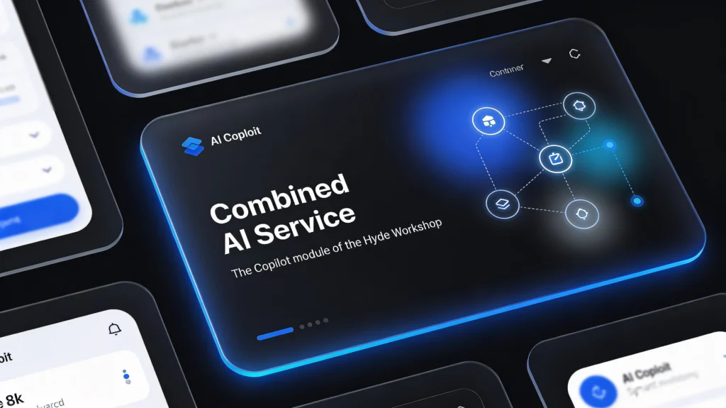 Dark futuristic Combined AI Service banner with electric blue neon accents, featuring the Copilot module of the Hyde Workshop and a collaborative AI navigator interface.