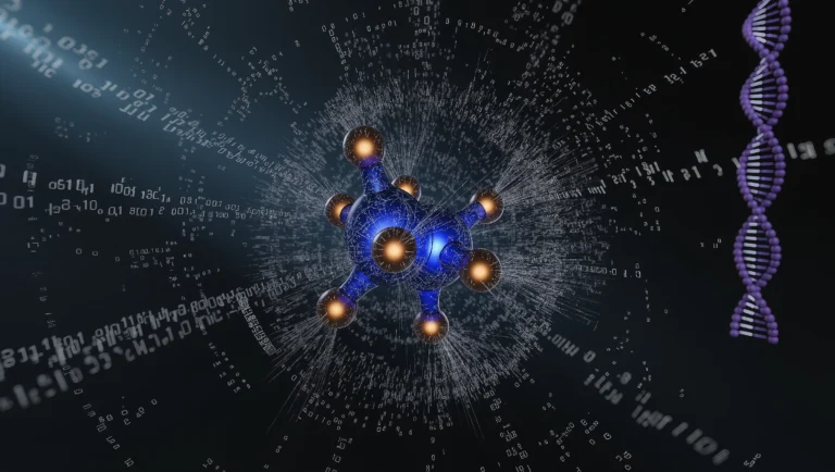 Glowing 3D molecular structure floating in dark digital space with AI data streams