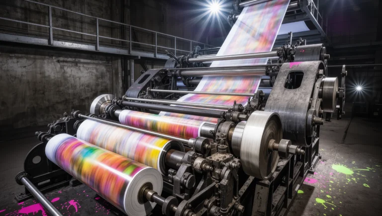 Dual-panel digital art for Jasper AI: The left side features a clean, orderly roll of "AB" labeled labels representing Abel’s Consistency and brand trust; the right side shows an industrial printing press spitting out "C" labeled sheets with sparks and red accents representing Cain’s Volume and market impact.