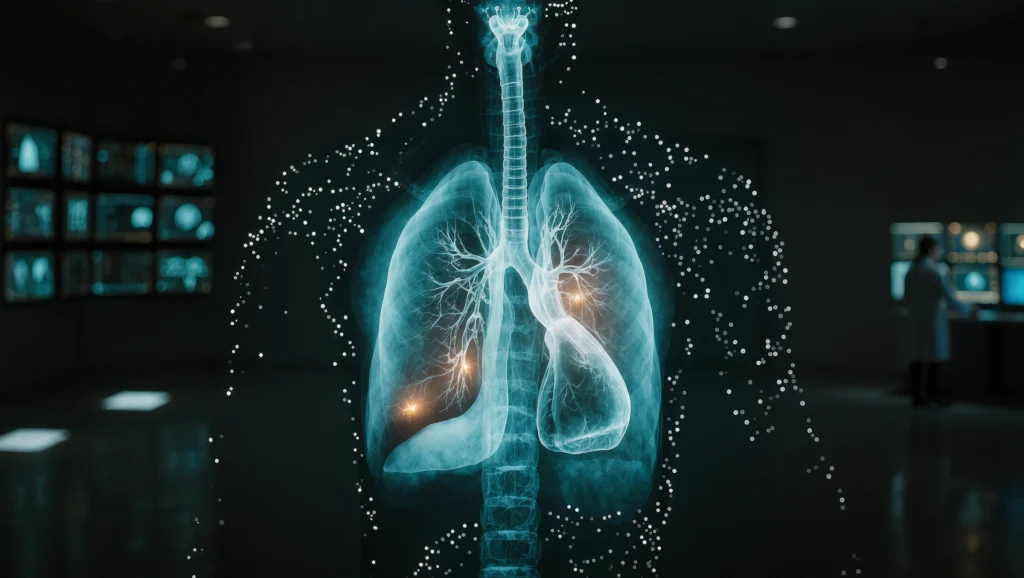AI scan analysis display glowing on dark hospital monitor