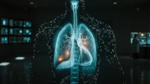 AI scan analysis display glowing on dark hospital monitor