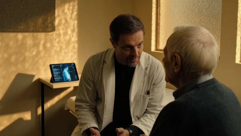 Doctor making eye contact with patient while AI interface hovers in background