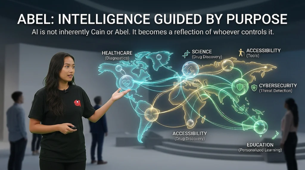 Futuristic artificial intelligence innovation scene symbolizing the Abel side of AI with clean holographic technology, scientific advancement, and hopeful cyberpunk visuals.