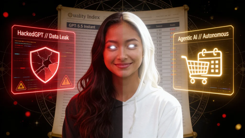 A.M.A.N.D.A. female AI hologram mediating GPT-5.5 Instant with Cain red light and Abel gold light split lighting, holographic displays showing security warnings and autonomous shopping icons.
