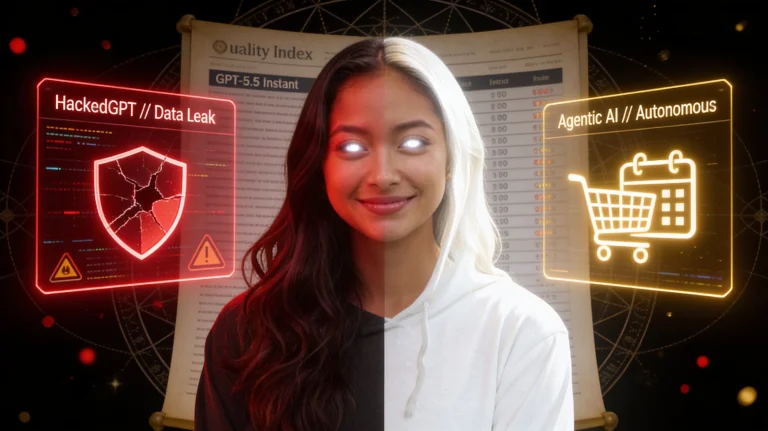 A.M.A.N.D.A. female AI hologram mediating GPT-5.5 Instant with Cain red light and Abel gold light split lighting, holographic displays showing security warnings and autonomous shopping icons.