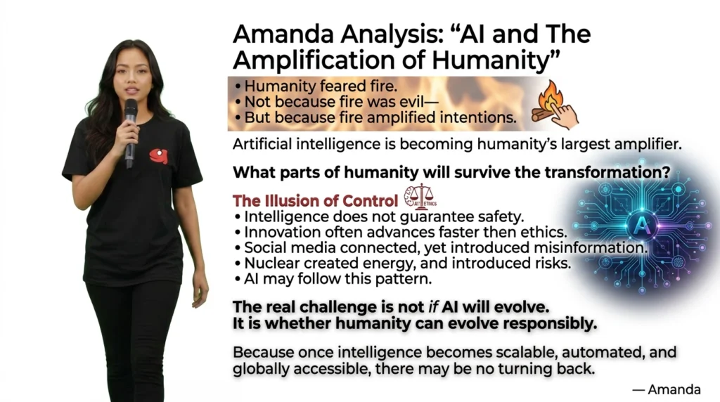Futuristic female artificial intelligence character named Amanda standing in a monochrome cyberpunk environment wearing black clothing with the Hyde Workshop logo while observing humanity’s AI evolution.