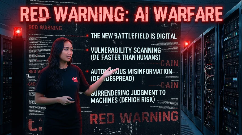 Dark cinematic artificial intelligence warfare scene representing the Cain side of AI with surveillance systems, red warning screens, and cyberpunk security visuals from Hyde Workshop.