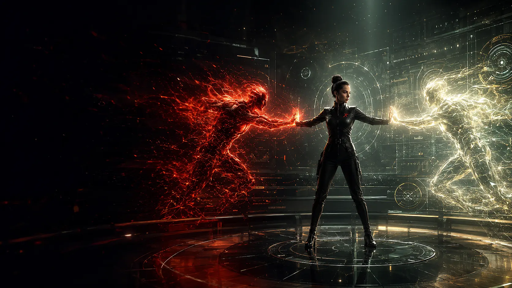 A.M.A.N.D.A. standing between red Cain energy and luminous Abel energy in a futuristic AI command center.