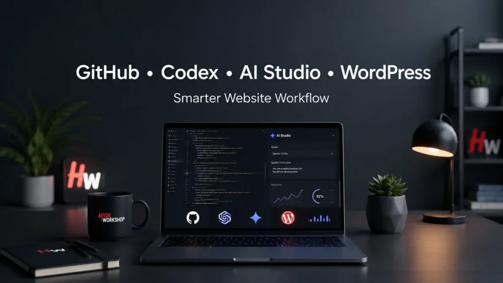 GitHub Codex AI Studio WordPress workflow dashboard for code review prompt testing Google Sheets tracking and website updates.