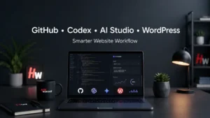 GitHub Codex AI Studio WordPress workflow dashboard for code review prompt testing Google Sheets tracking and website updates.