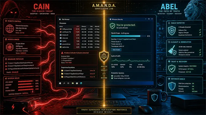 AI Nancy delivering a cybersecurity cleanup verdict for a hidden crypto miner and Defender exclusions incident