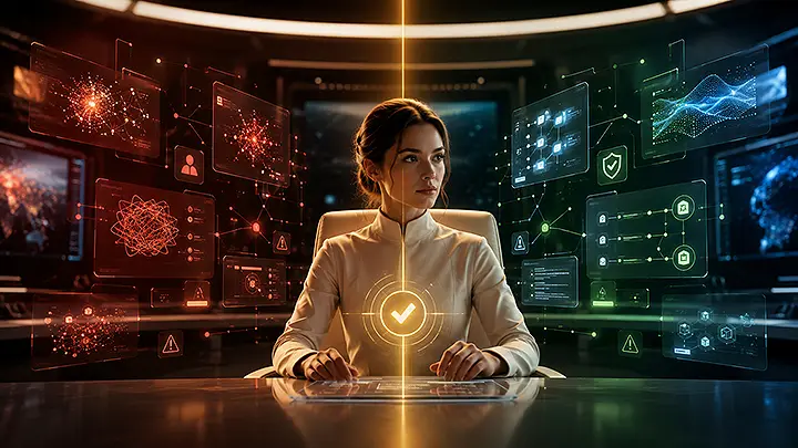A.M.A.N.D.A. reviewing AI tool reviews, Forge News updates, Cain risks, and Abel workflow value inside a futuristic command center