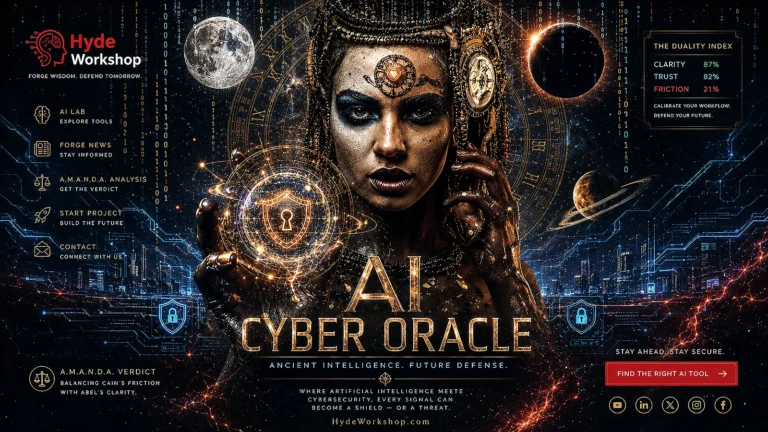 AI Cyber Oracle visualizing agentic AI trends for 2026 with a glowing cybersecurity shield and gold circuitry.