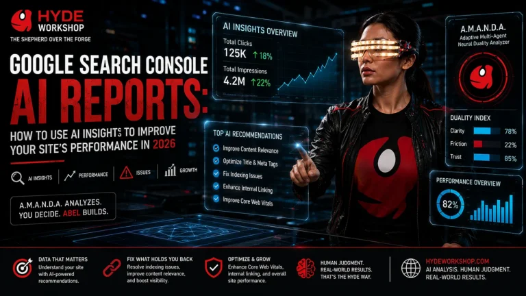 Search Console AI Reports dashboard with a Hyde Workshop agent analyzing AI search visibility data