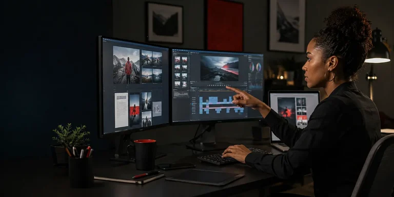 Designer directing an AI-assisted image, video, and document workflow across multiple screens
