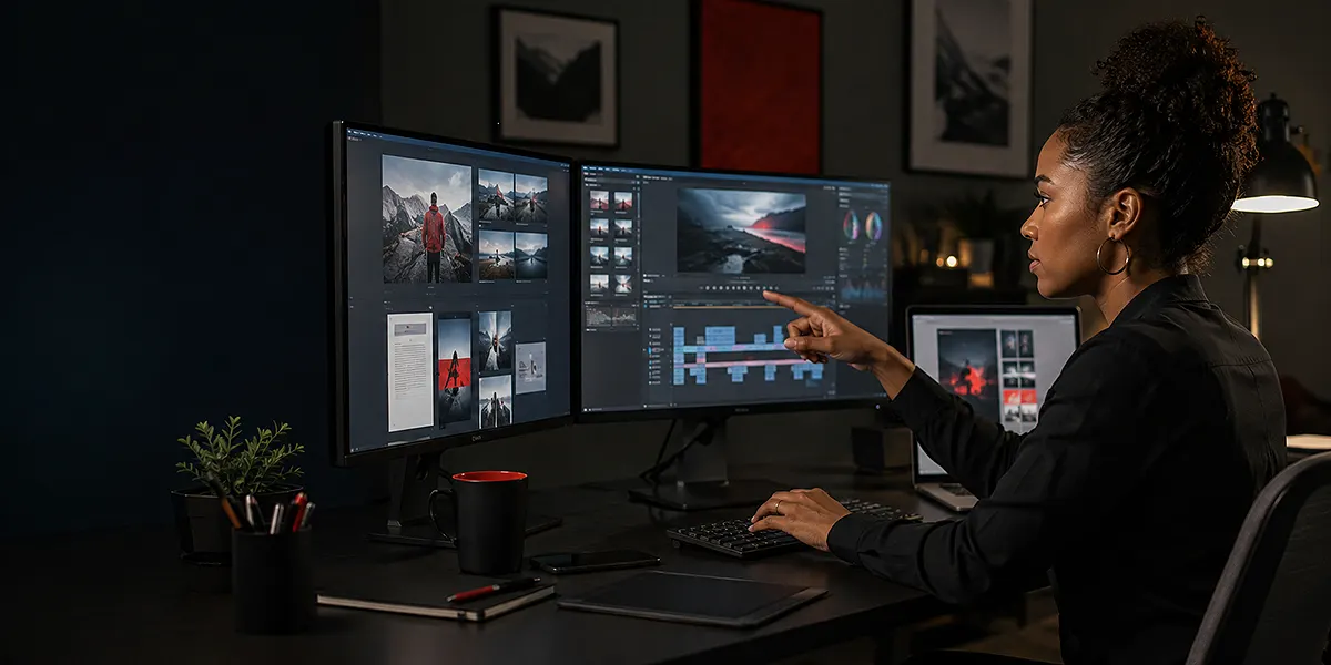 Designer directing an AI-assisted image, video, and document workflow across multiple screens
