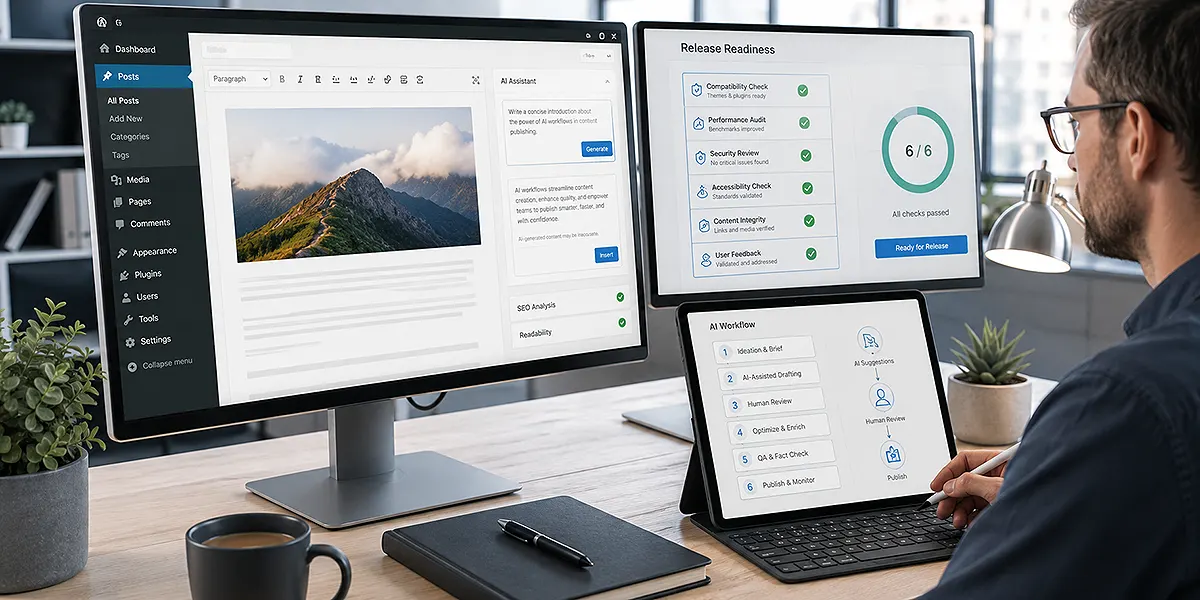 WordPress 7.1 AI workflows featured image showing a professional AI-assisted publishing workspace